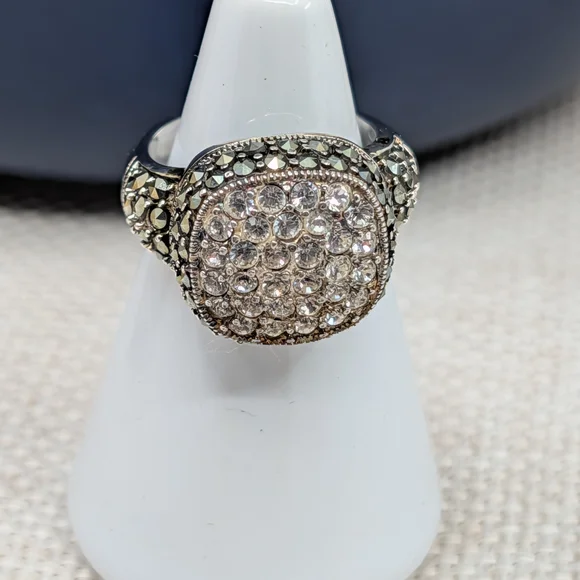 Vintage Sterling Silver 925 CZ Crystal Marcasite Stone Signet Ring Size 5.75 - Picture 7 of 16